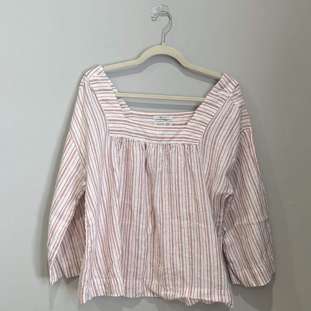 Rachel Zoe Women's Pink Striped 100% Linen Blouse Top Size L Boho Peasant‎